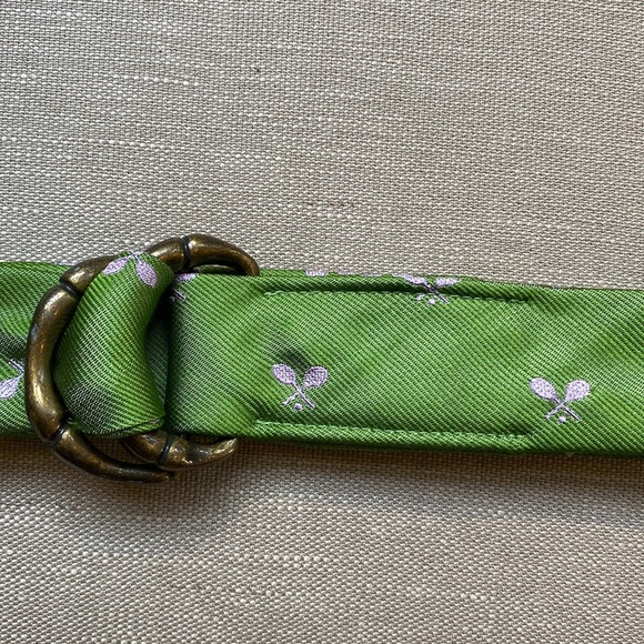 Embroidered Pink Tennis Racquets on Green Silk Belt J Crew - Picture 4 of 5
